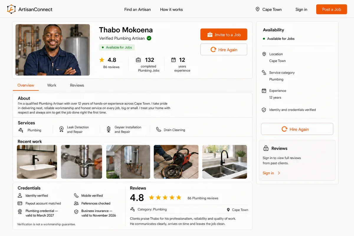 ArtisanConnect public artisan profile showing rating, completed job count, verified credentials, and recent work photos.