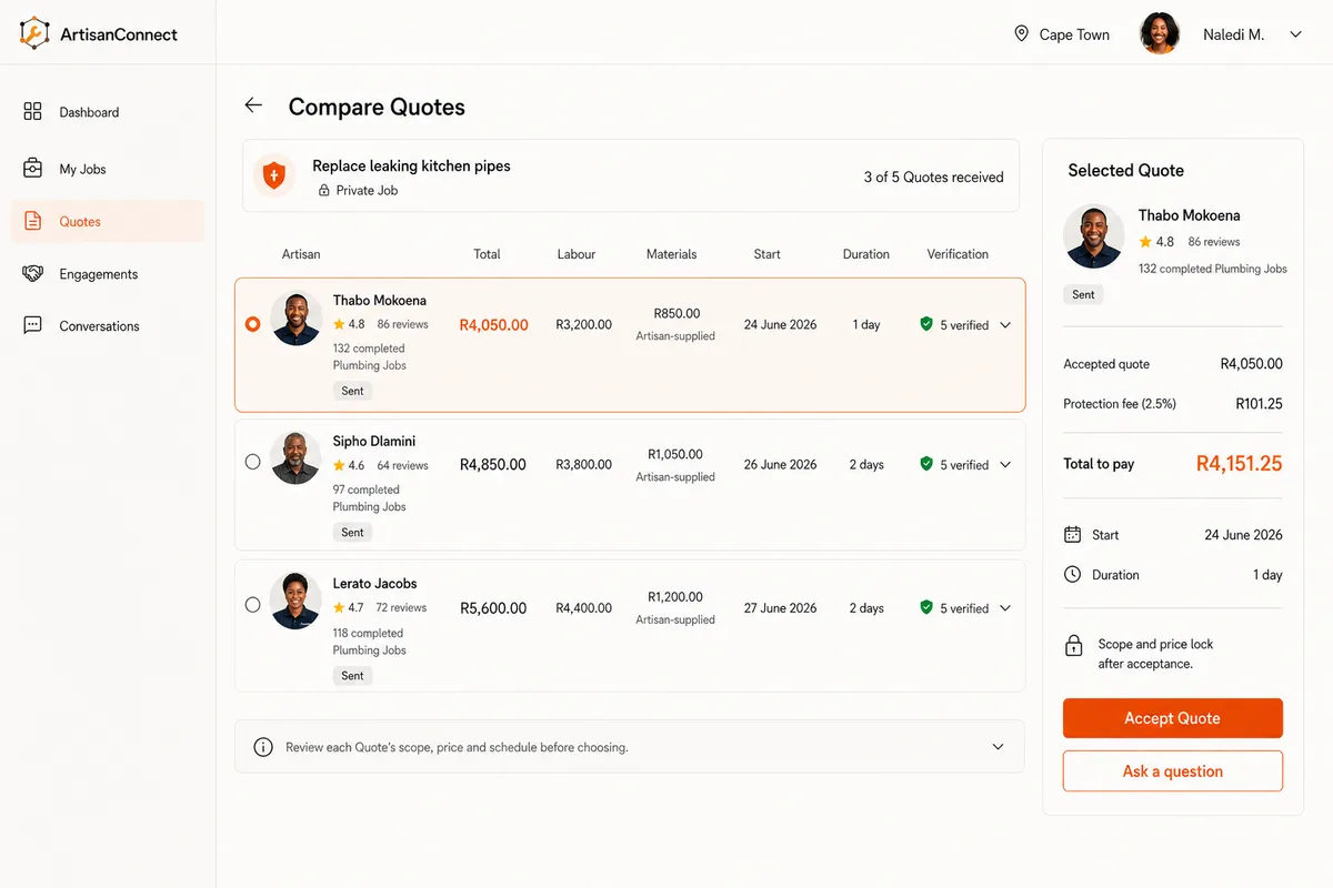 ArtisanConnect quote comparison screen showing three quotes broken into labour and materials with ratings and verification.