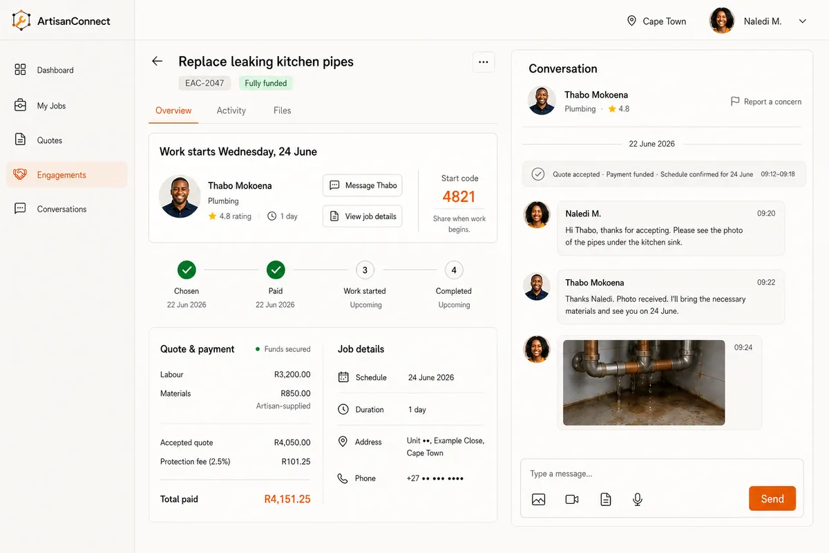 ArtisanConnect funded engagement screen showing secured funds, scheduled start, start code, and in-app conversation.