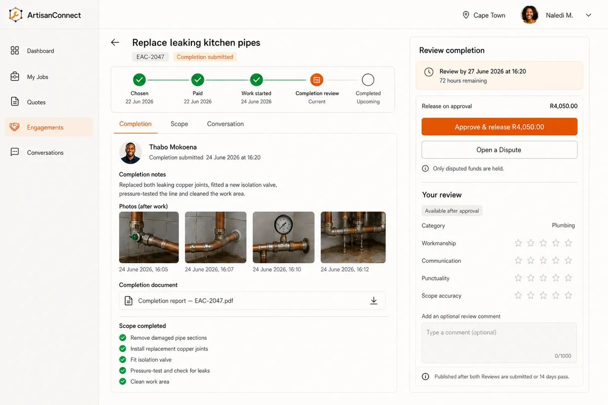 ArtisanConnect completion review screen showing completion notes, after-work photos, scope checklist, and release or dispute actions.