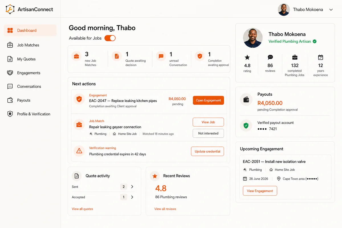 ArtisanConnect artisan dashboard showing pending payouts, next actions, job matches, and a credential expiry warning.