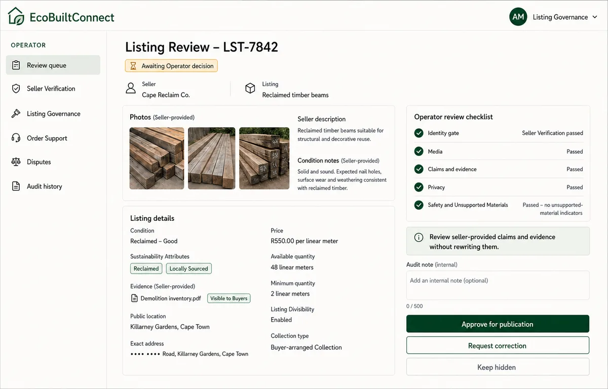 EcoBuiltConnect operator review screen showing a listing review checklist and publication decisions.